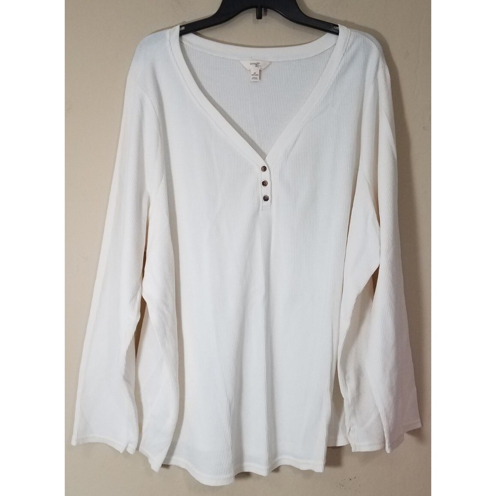 Terra & Sky Top Woman size 4x Waffle Henley Long Sleeve Winter White Beige NEW